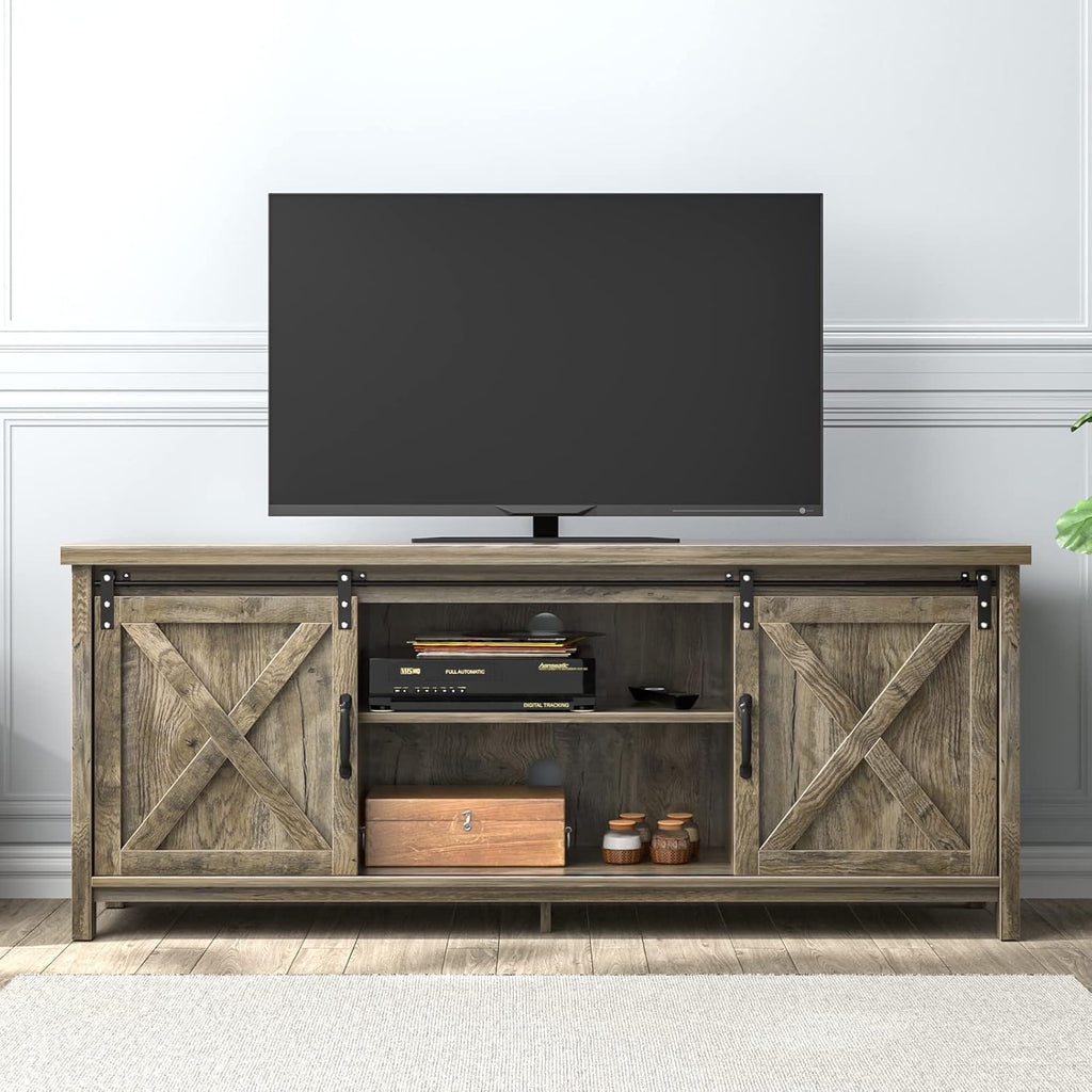 Farmhouse 65 Inch Wooden TV Stand with 2 Sliding Barn Doors K952026