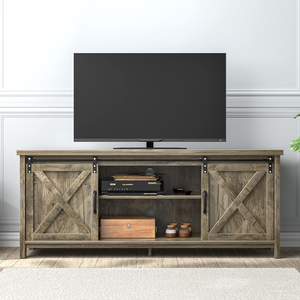 Farmhouse 65 Inch Wooden TV Stand with 2 Sliding Barn Doors K952026