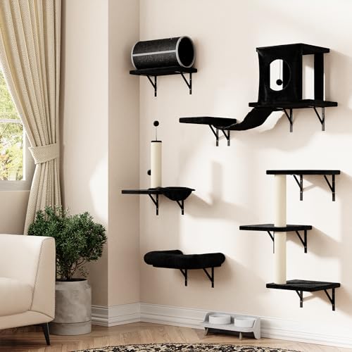 7-in-1 Wall Mounted Cat Climber Set with Cat House, Tunnel, Bridge, Tree, Steps, Scratcher Board and Hammock (Grey) H740635