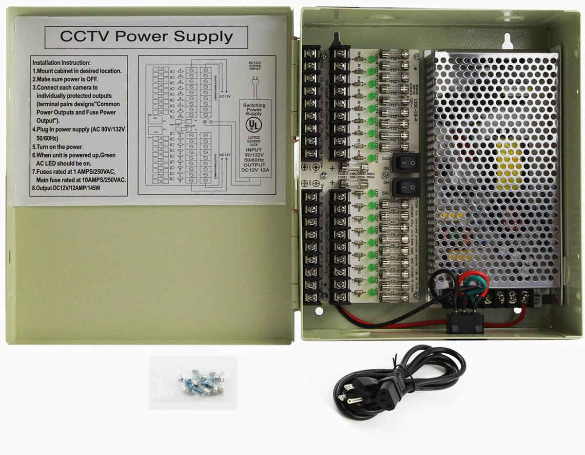 18 Outputs 12 Amp 12V DC CCTV Power Supply Box U928880