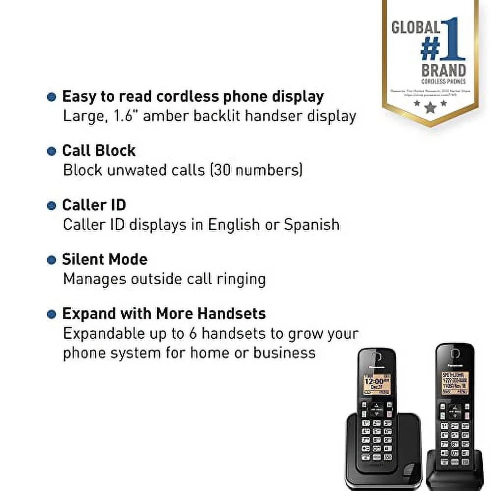 2 Handset Cordless Phone System with Amber Backlit Display (Black) F4323