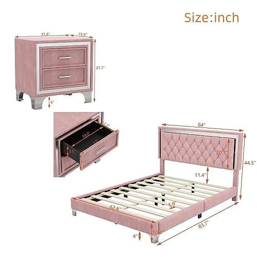 Queen Size Velvet Upholstered Platform Bed with 2 Nightstands J5874