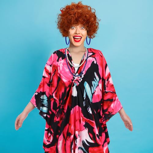 5 Pcs Halloween Costume Set with Print Caftan Dress Curly Wig Bead Necklace Earring S627727