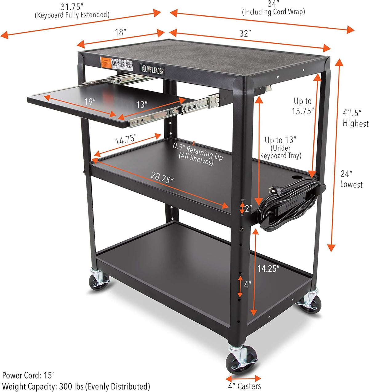 Large AV Cart with Retractable Keyboard Tray Height Adjustable Utility Cart Black 34in x 18in x 42in X872