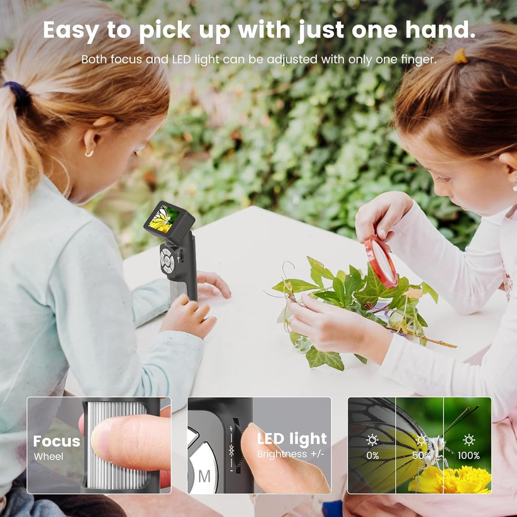 Portable Pocket Microscope Kit with 2" LCD Screen, 500X, 8 Adjustable LED Lights, 32GB SD Card C448