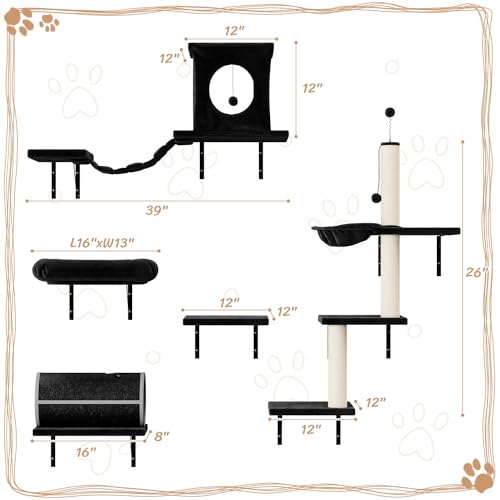 7-in-1 Wall Mounted Cat Climber Set with Cat House, Tunnel, Bridge, Tree, Steps, Scratcher Board and Hammock (Grey) H740635