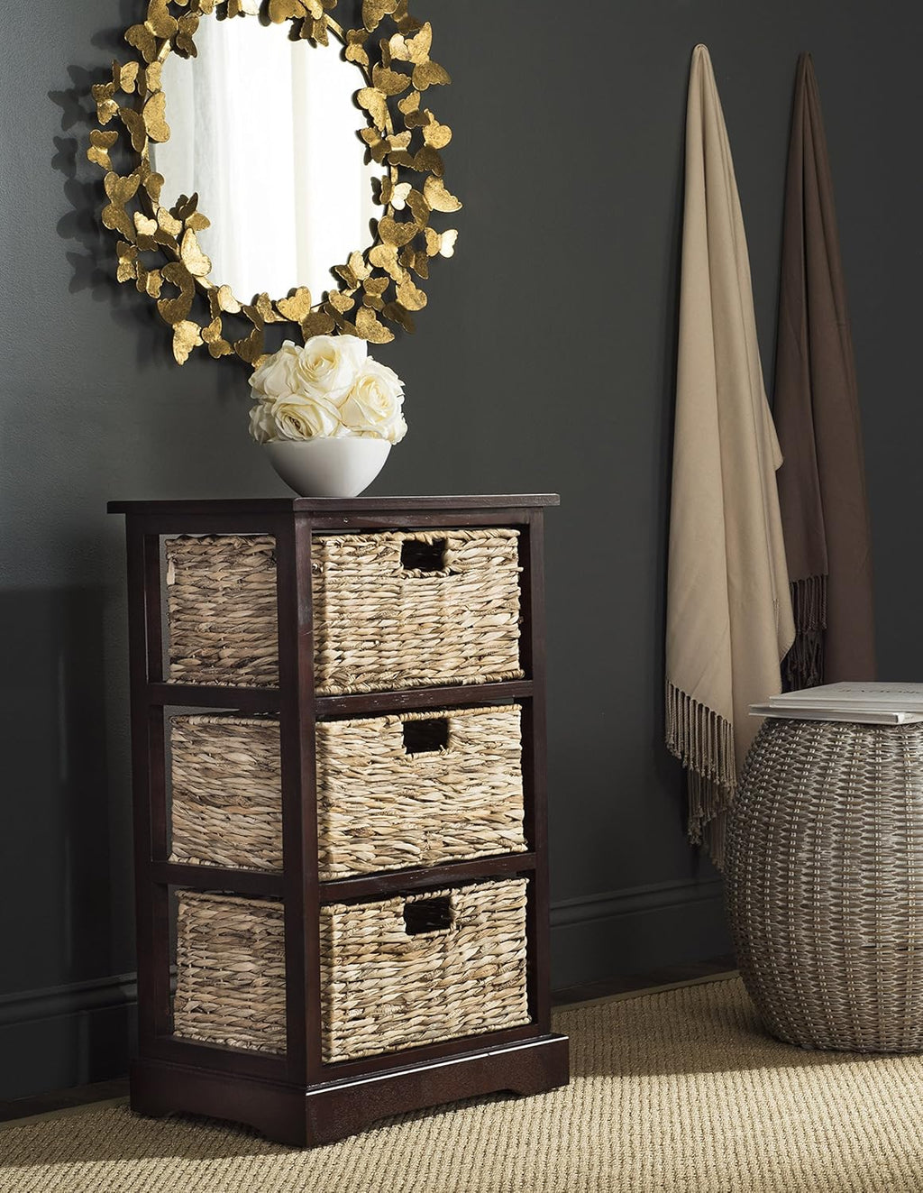 Distressed Black 3 Wicker Basket Storage Side Table I1730
