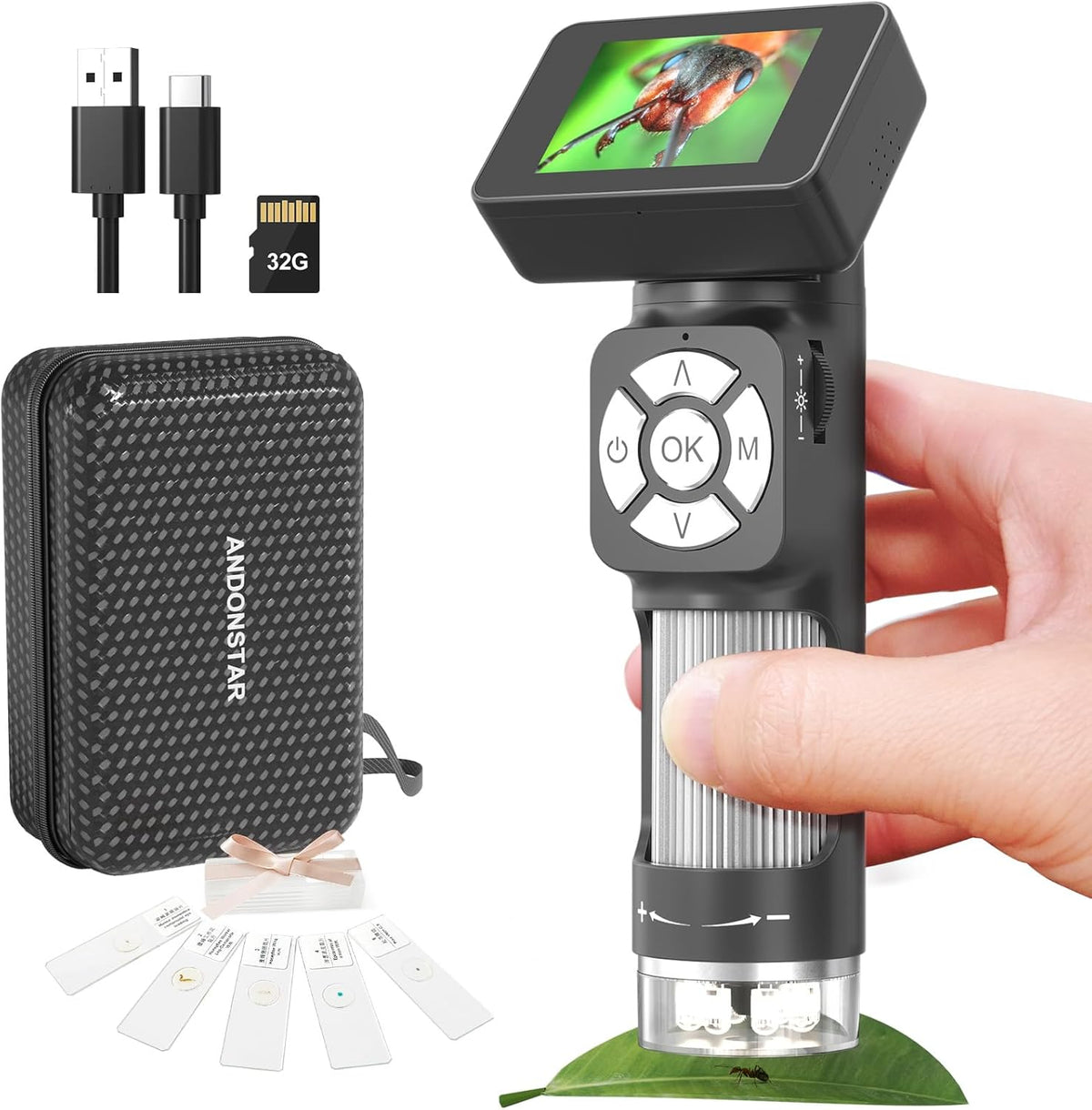 Portable Pocket Microscope Kit with 2" LCD Screen, 500X, 8 Adjustable LED Lights, 32GB SD Card C448