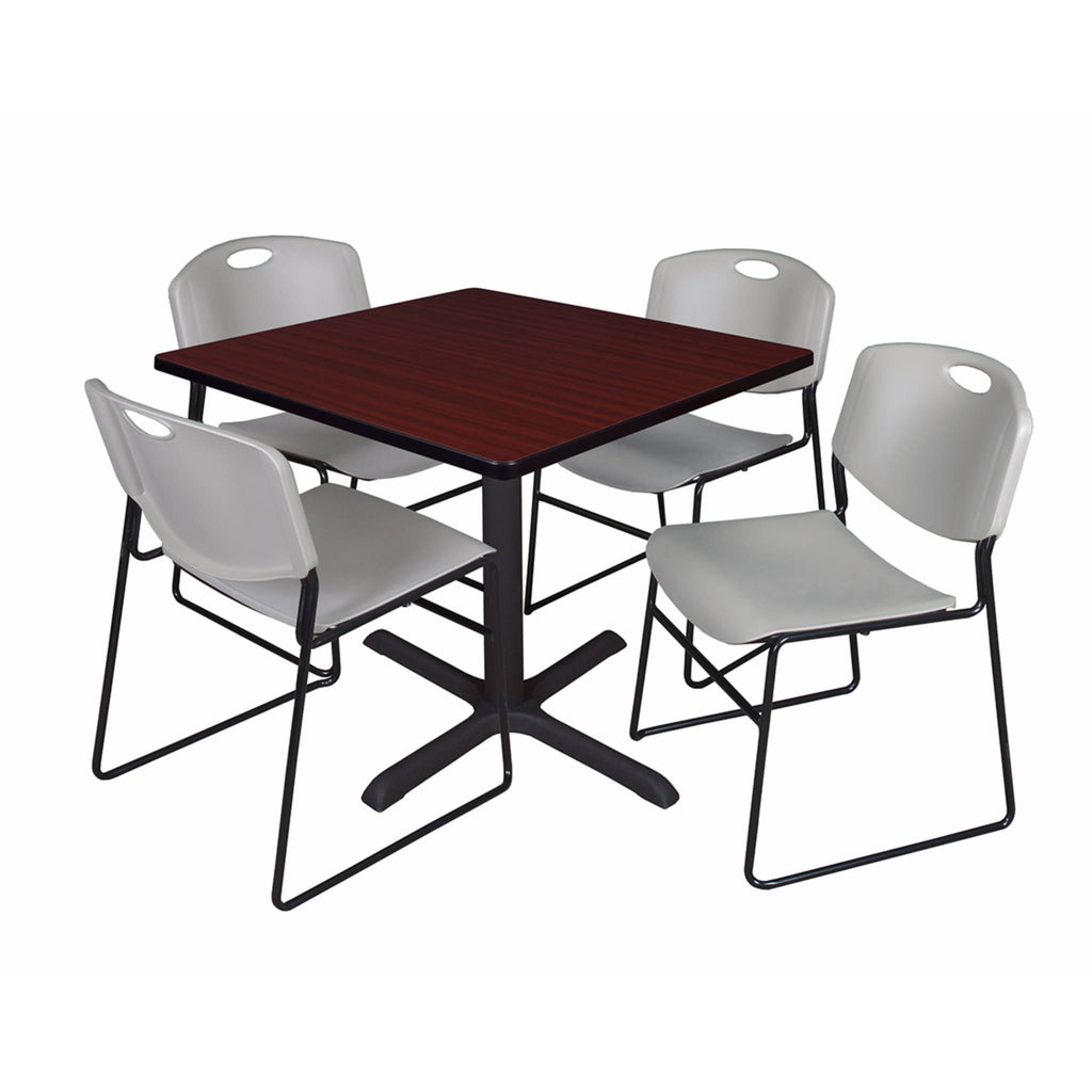 Mahogany Square Breakroom Table & 4 Black Stack Chairs A43674