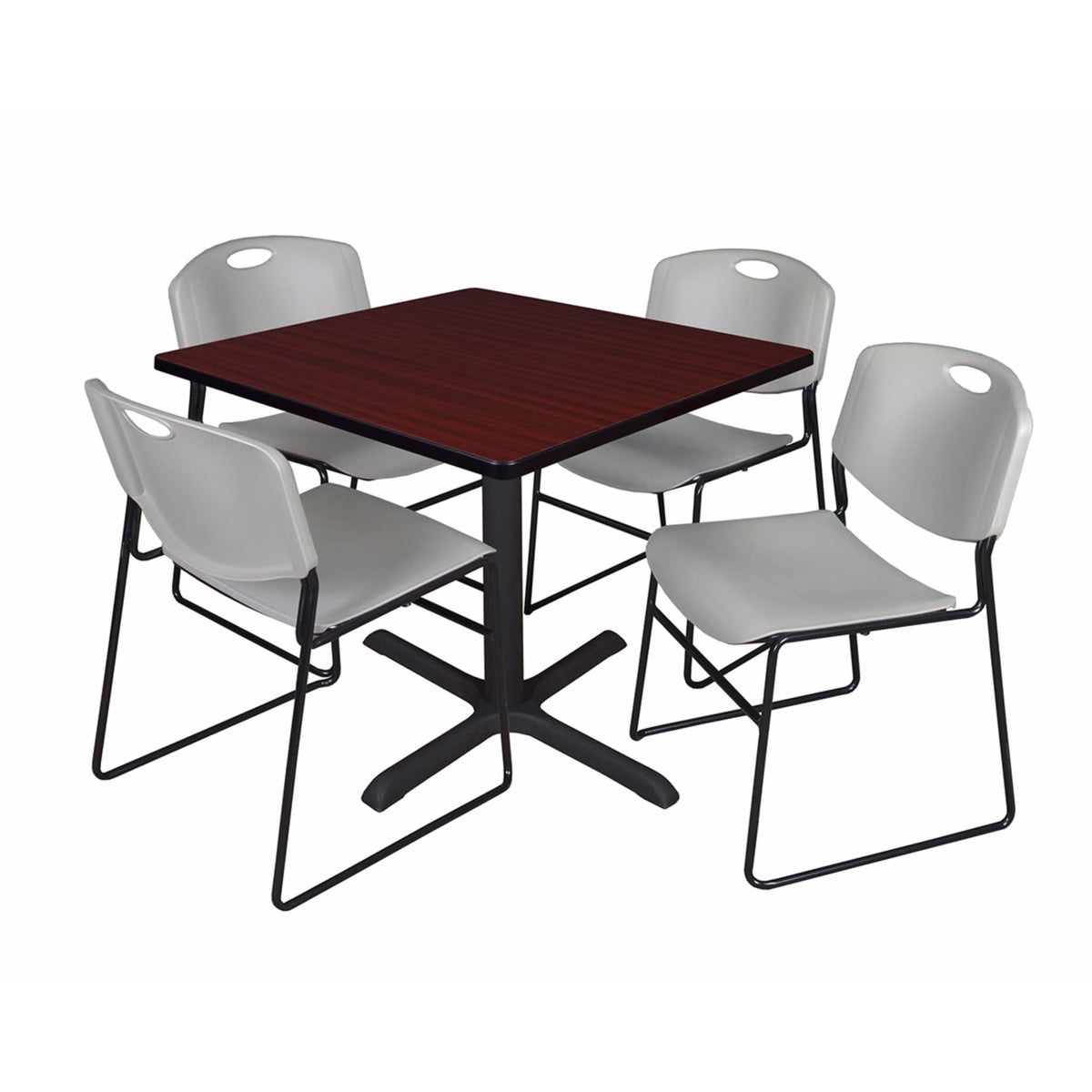 Mahogany Square Breakroom Table & 4 Black Stack Chairs A43674