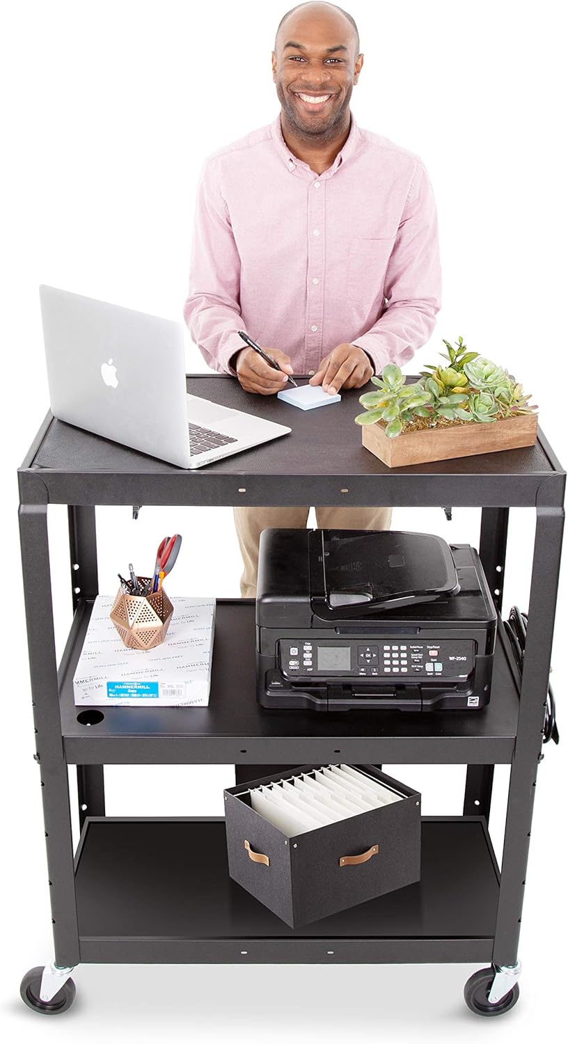 Large AV Cart with Retractable Keyboard Tray Height Adjustable Utility Cart Black 34in x 18in x 42in X872