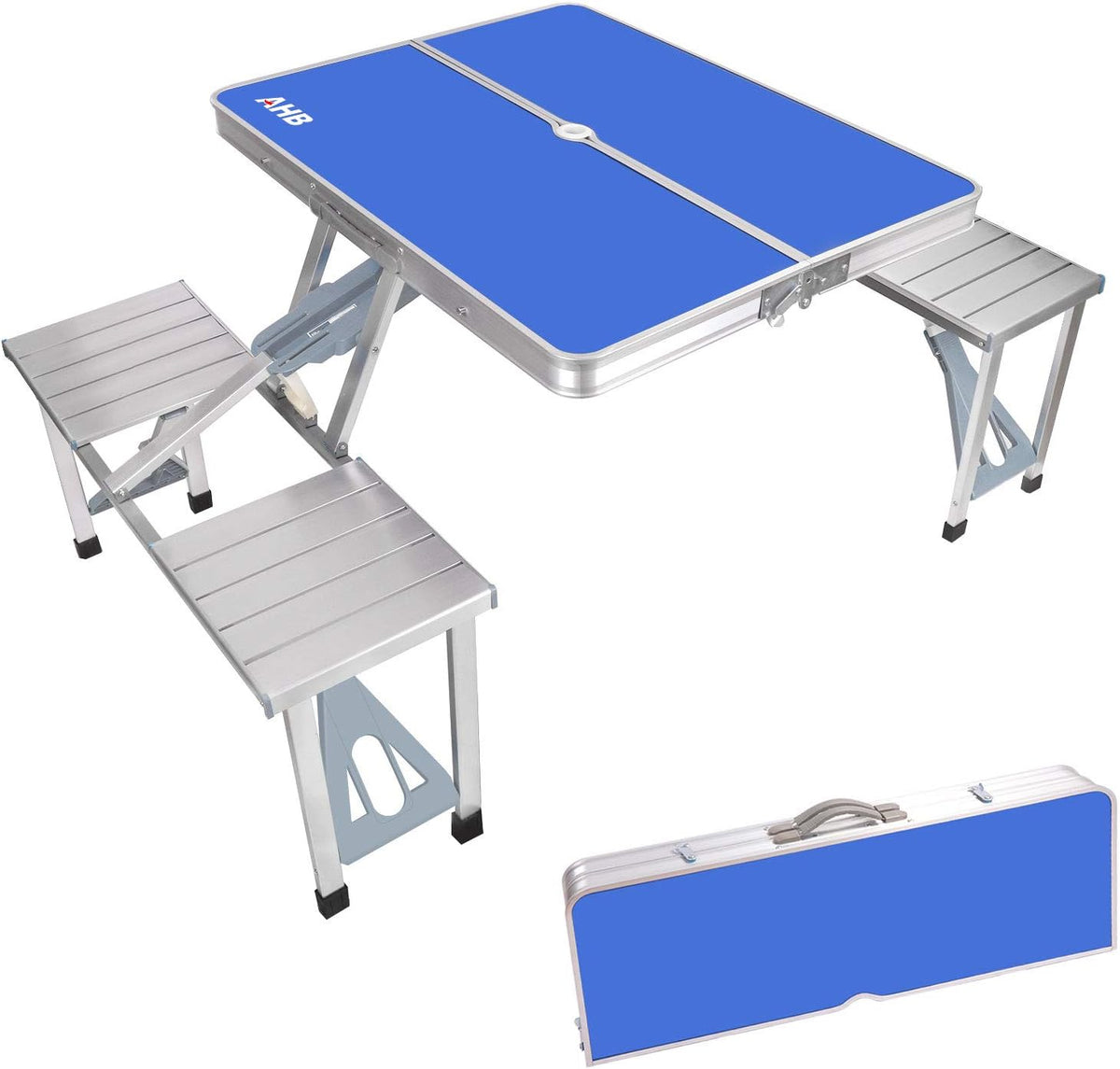 Blue Folding Camping Table with 4 Seats Chairs and Umbrella Hole T7974