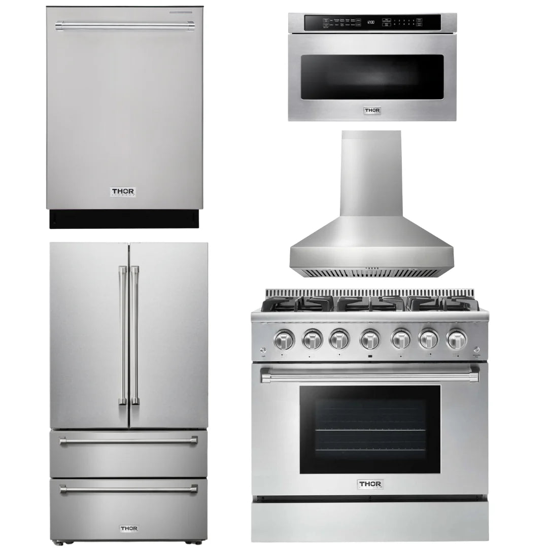 36 Propane Gas Range, Range Hood, Microwave, Refrigerator, Dishwasher H636