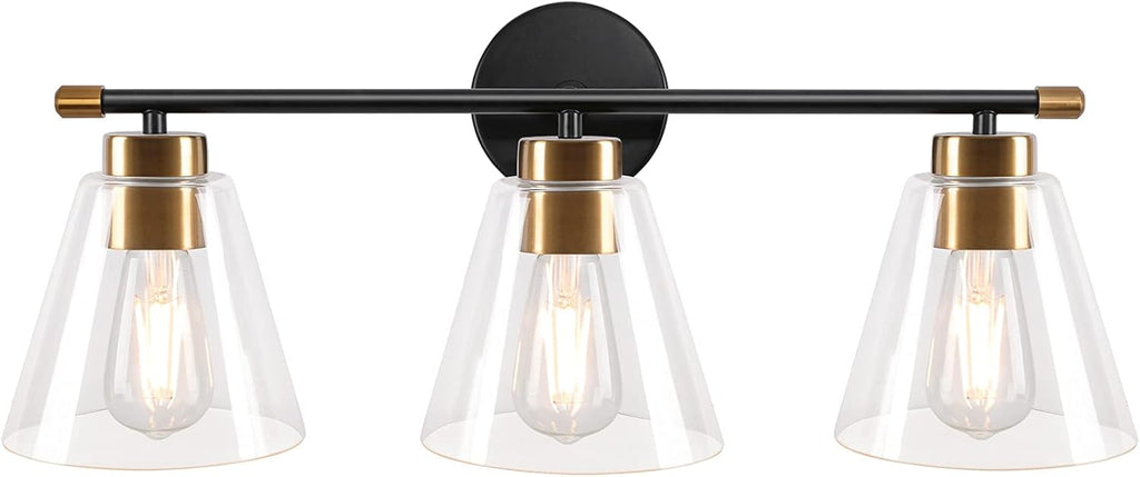 2-Light Matte Black Wall Sconce with Clear Glass Shade and Gold Base E717889