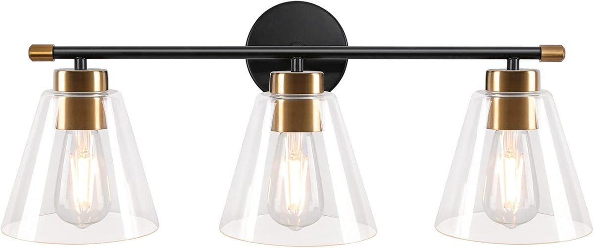 2-Light Matte Black Wall Sconce with Clear Glass Shade and Gold Base E717889