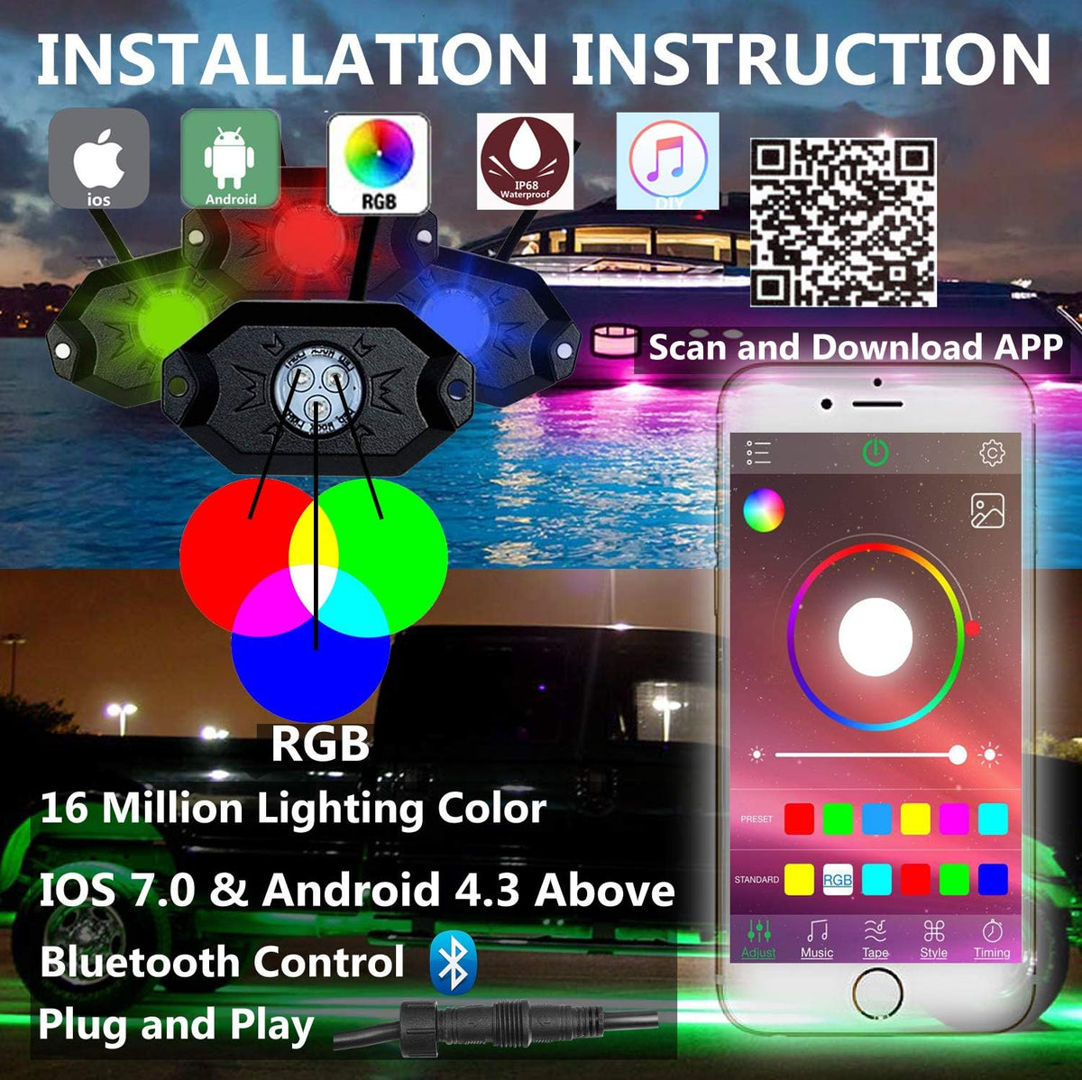 RGB LED Rock Light Kit with Bluetooth Remote Control K23734