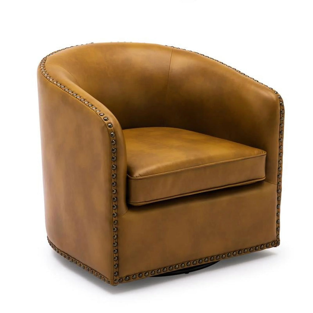 Camel Brown Faux Leather Swivel Arm Chair with Nailhead Trim L38283
