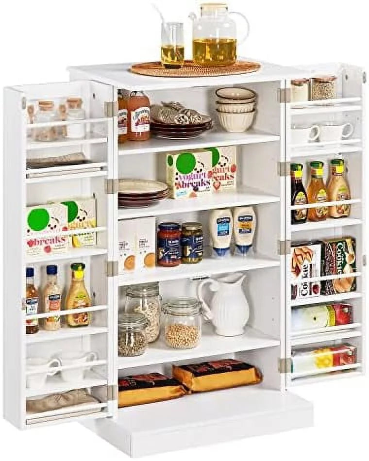 White Wood Pantry Cabinet with Doors and Adjustable Shelves V124
