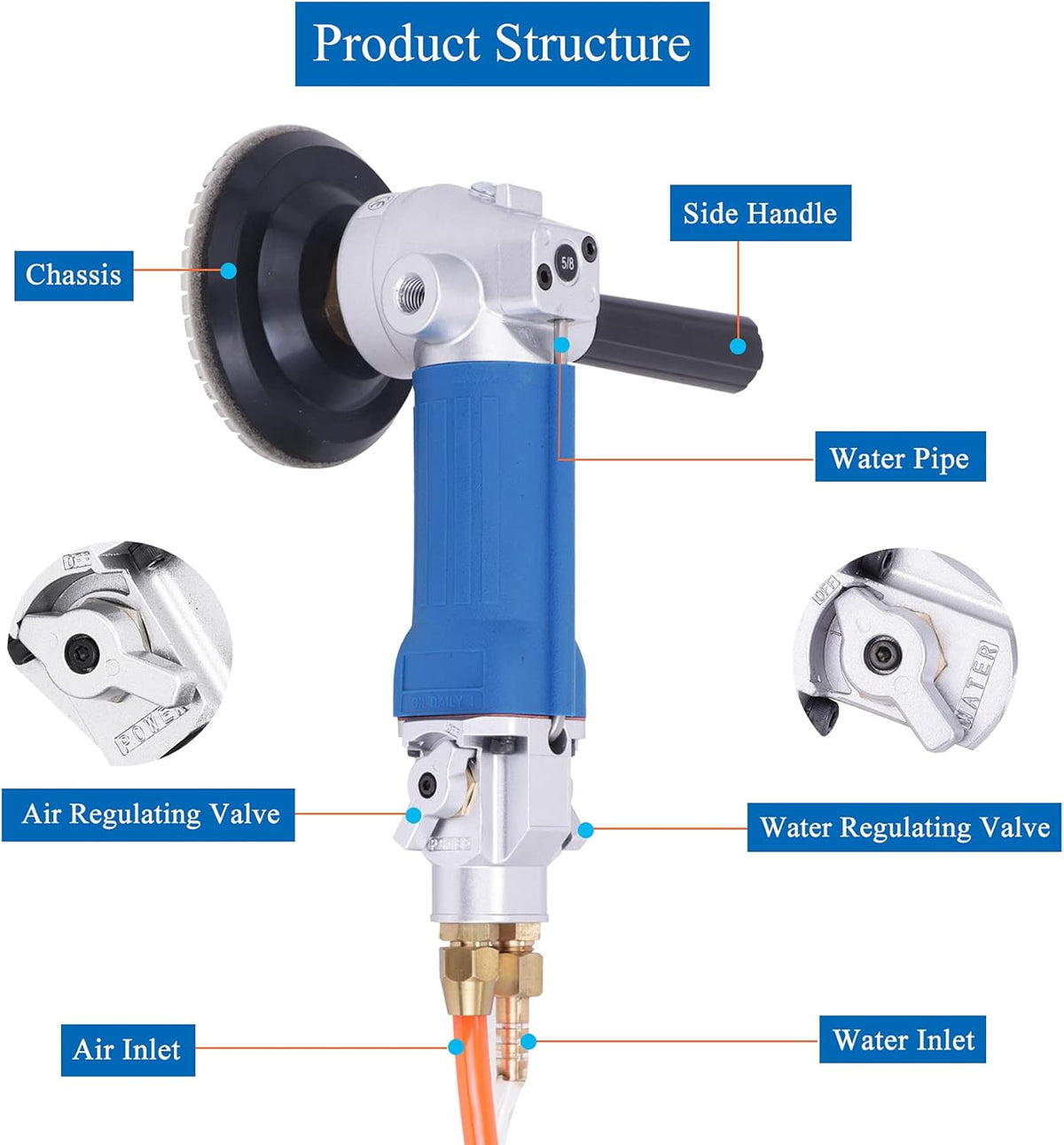 4" Pneumatic Wet Polisher Grinder with 7 Pieces Polishing Pads C83893