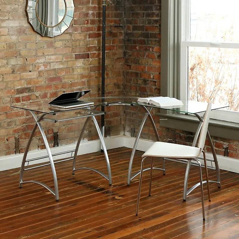 Silver / Clear Glass L-Shaped Metal Writing Desk D33724