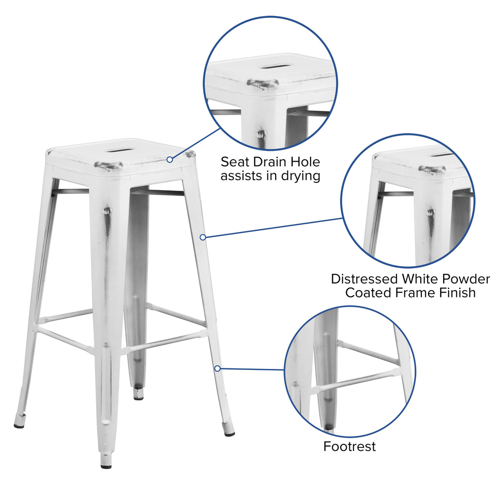 4 Pack 30" High Backless Distressed White Metal Barstool P4176