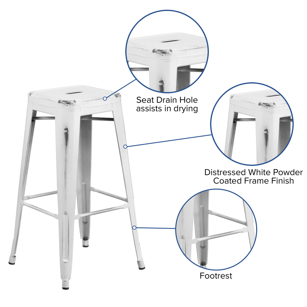 4 Pack 30" High Backless Distressed White Metal Barstool P4176