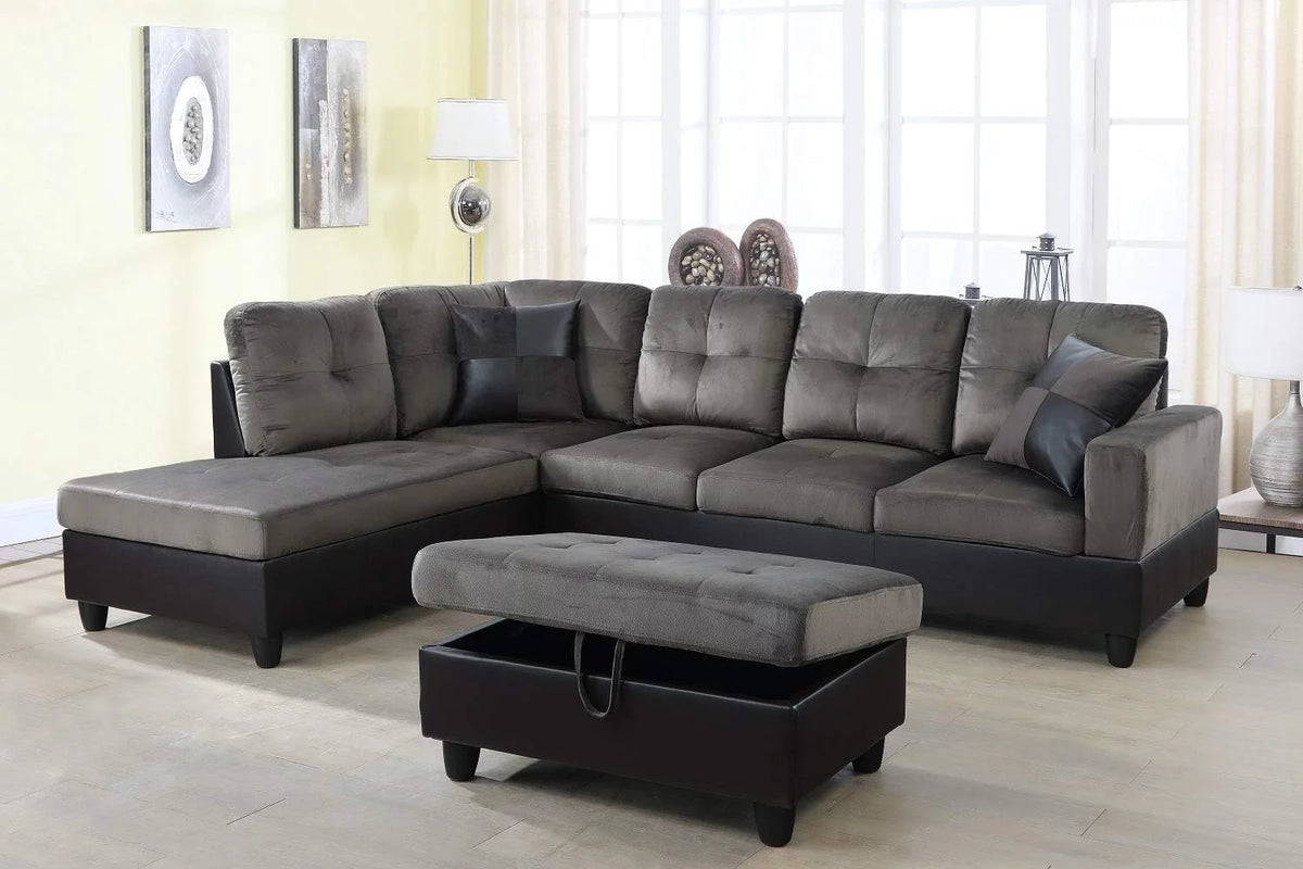 3 Piece Sectional Sofa Set with Right Facing Chaise and Storage Ottoman J37578