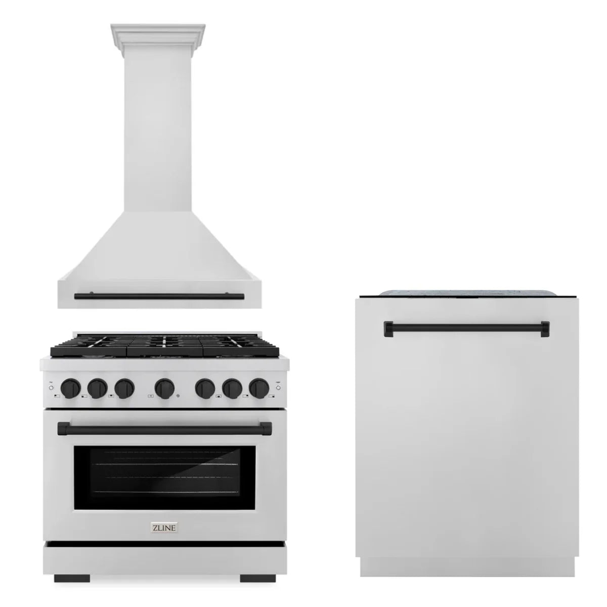 36 In. Gas Range, Range Hood, Dishwasher in Stainless Steel M185