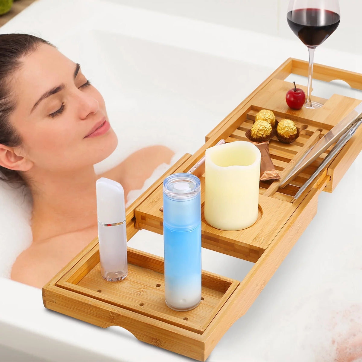 Bamboo Bathtub Caddy Tray with Expandable Sides T24011