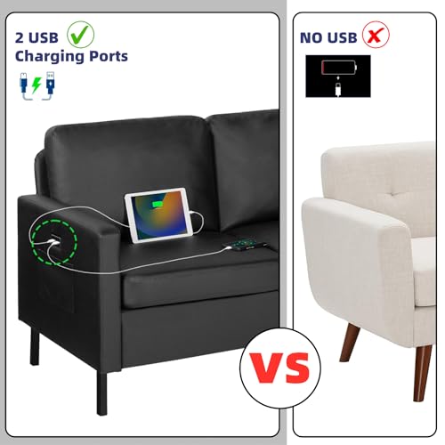 56" W Dark Grey Fabric Loveseat Sofa with 2 USB M3586