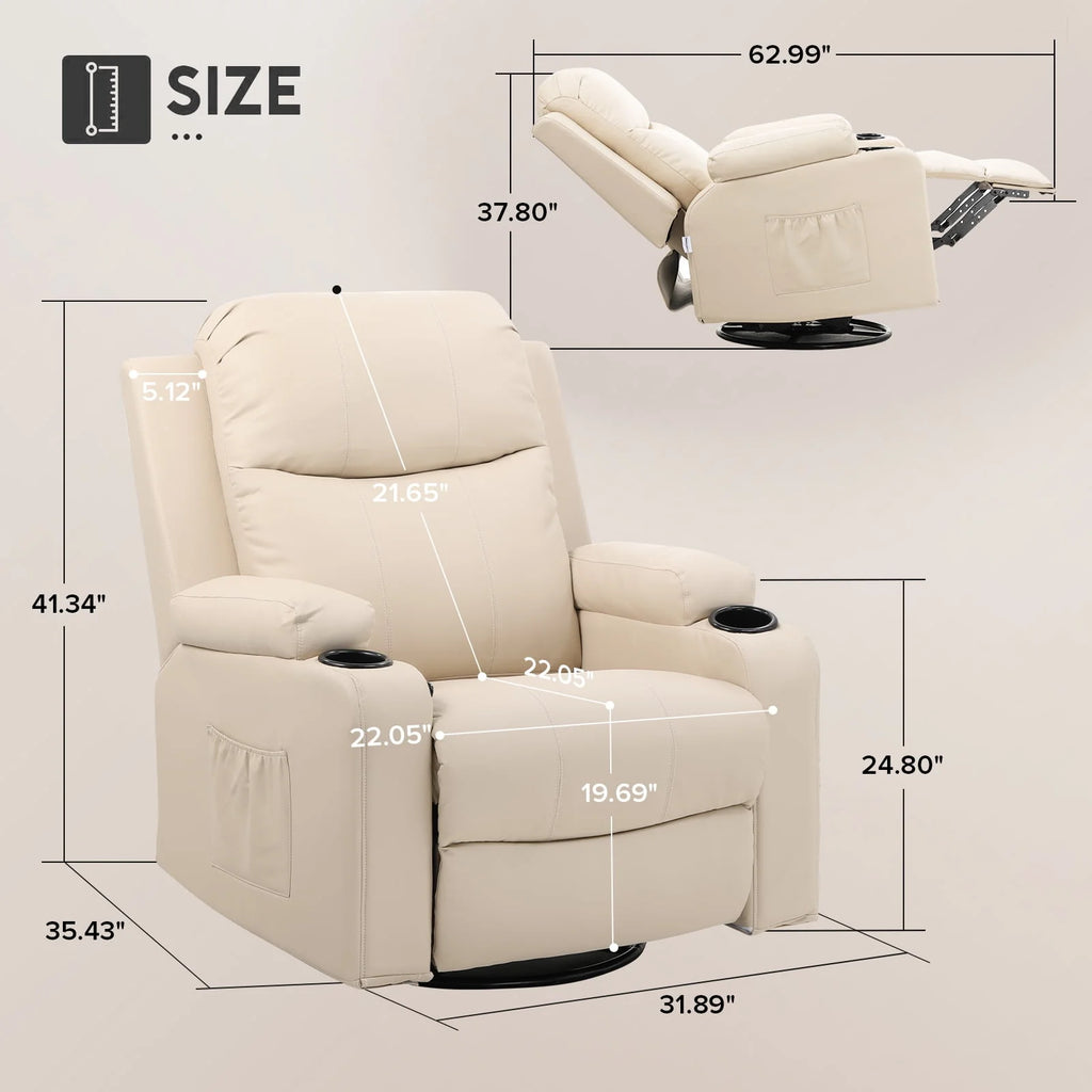 Black PU Leather Swivel Rocker Recliner Chair with Heat and Massage A6587