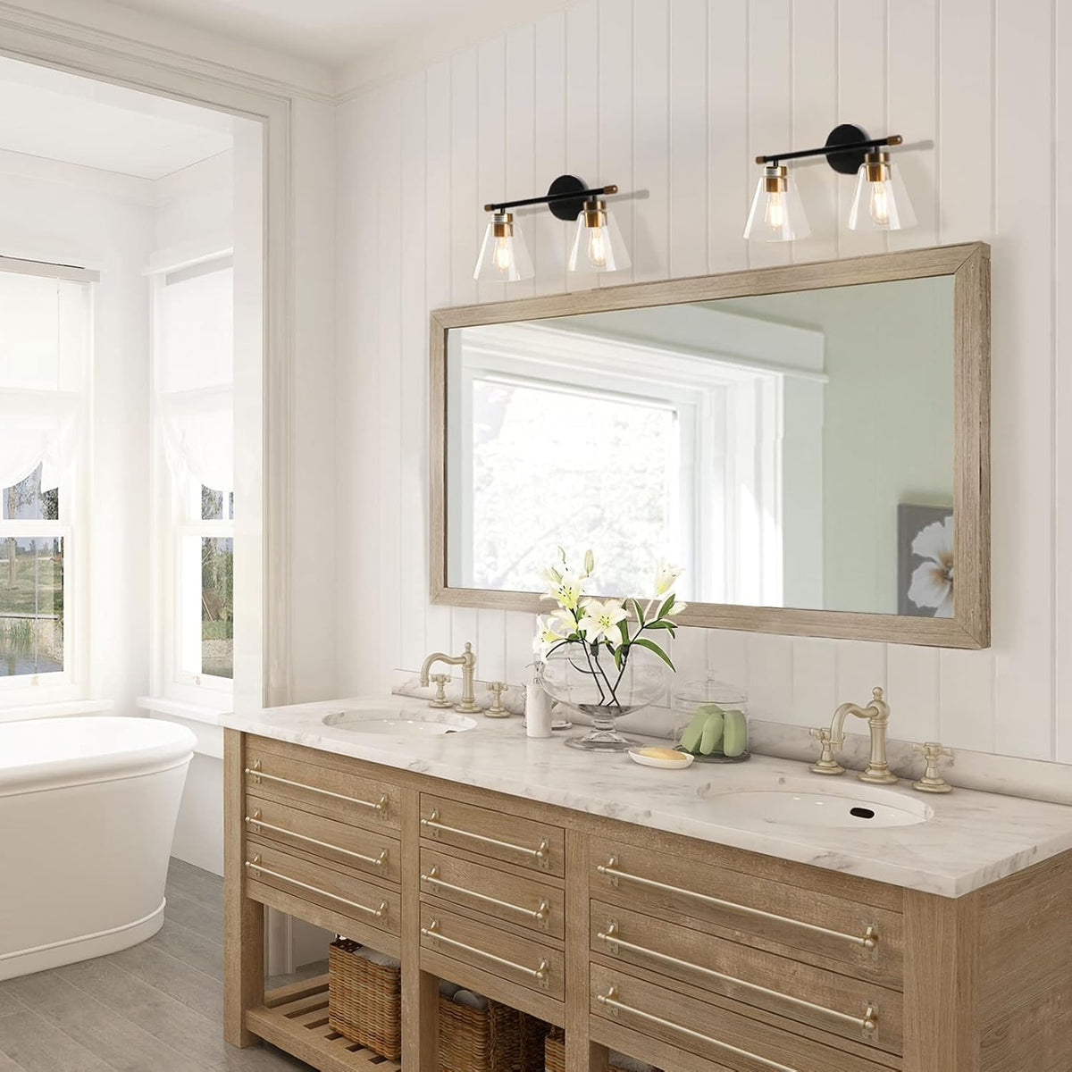 2-Light Matte Black Wall Sconce with Clear Glass Shade and Gold Base E717889