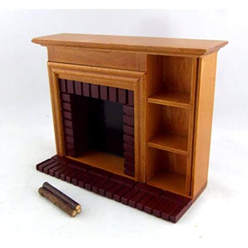 Walnut Red Brick Fireplace with Shelves Dollhouse Miniature Furniture J239065