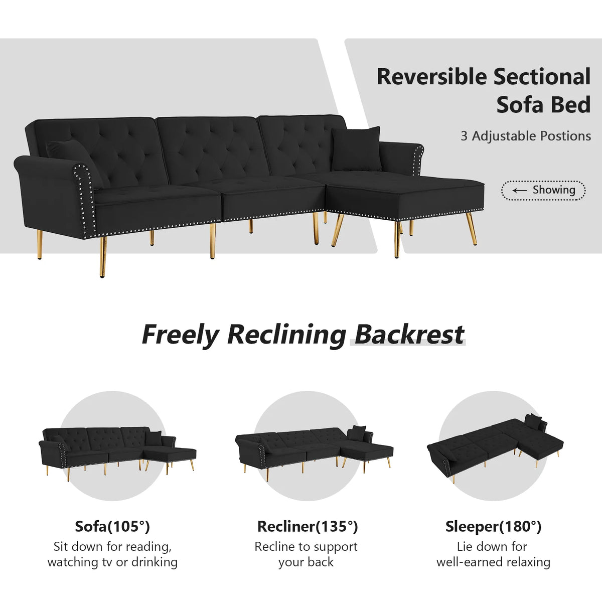 Velvet L Shaped Reversible Sectional Couch with Ottoman H891