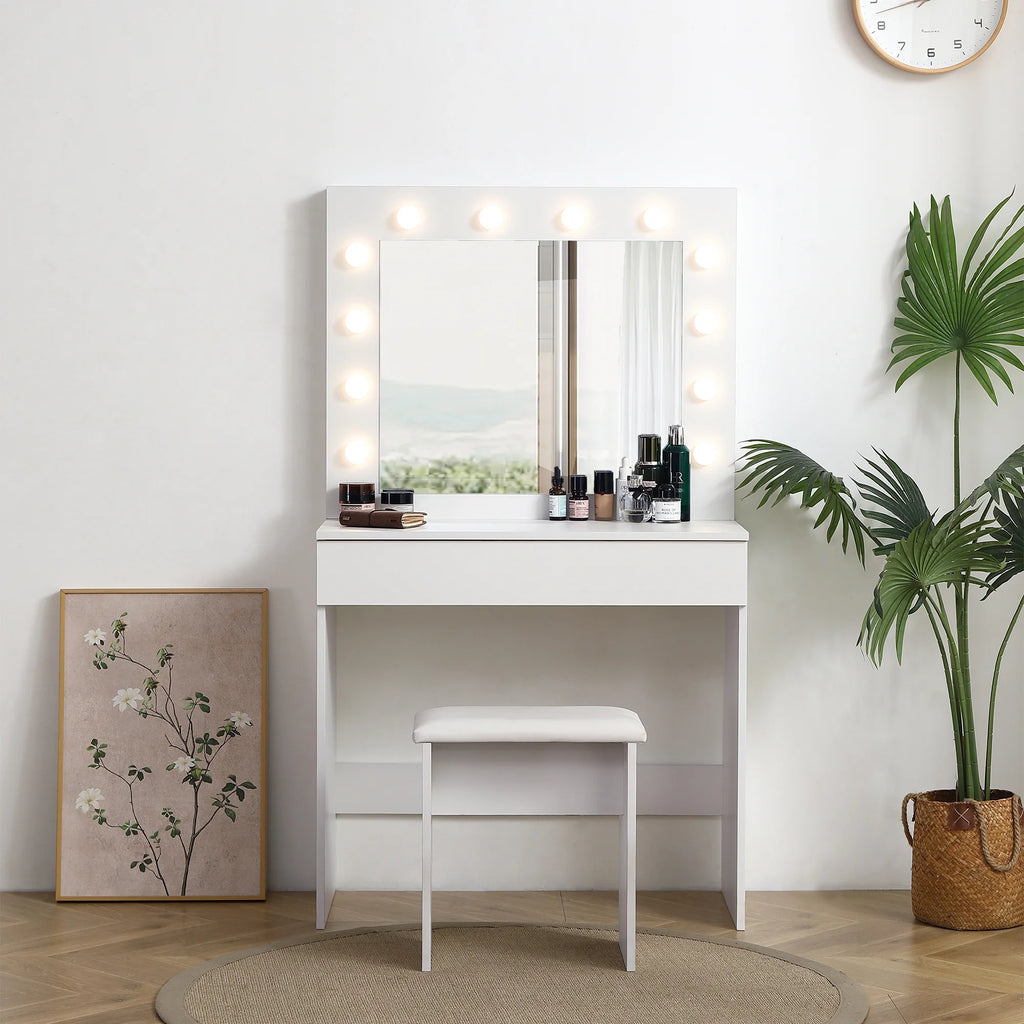 White Vanity Table with Lighted Mirror and Stool S5706