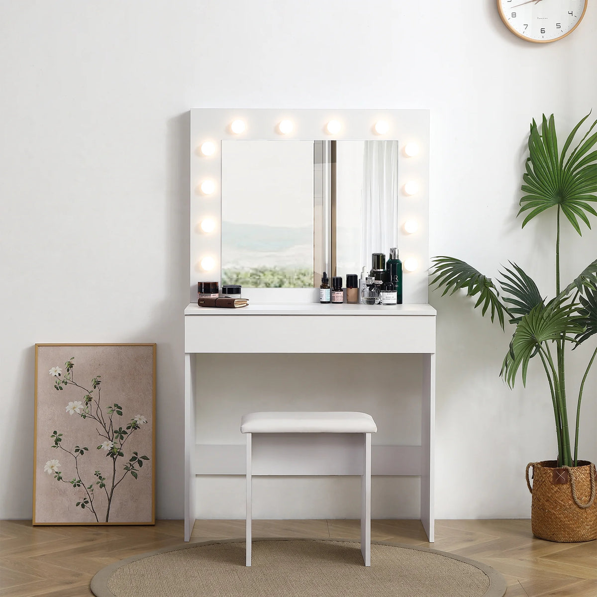 White Vanity Table with Lighted Mirror and Stool S5706