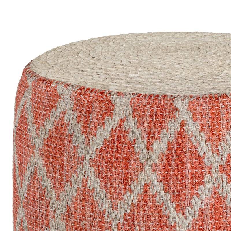 Coral and Natural Woven Braided Jute Round Pouf Y283368
