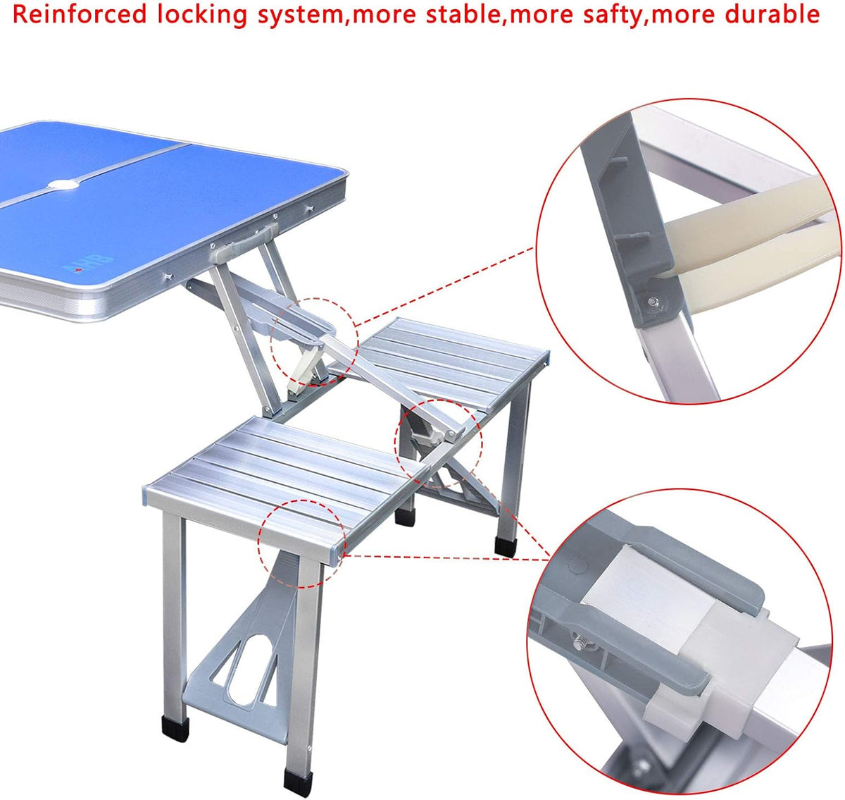 Blue Folding Camping Table with 4 Seats Chairs and Umbrella Hole T7974