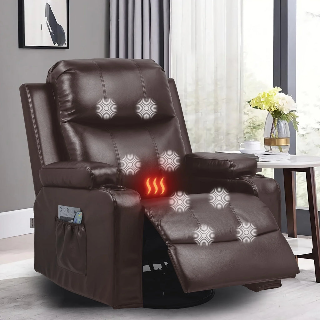 Black PU Leather Swivel Rocker Recliner Chair with Heat and Massage A6587