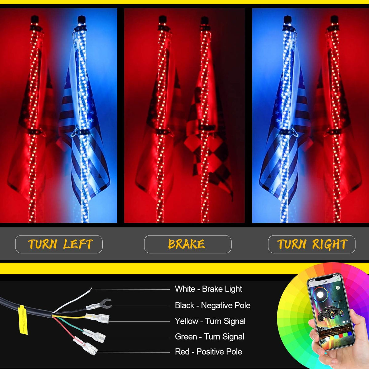 2PCS 4FT Lighted Whips with Remote and App Control H9739
