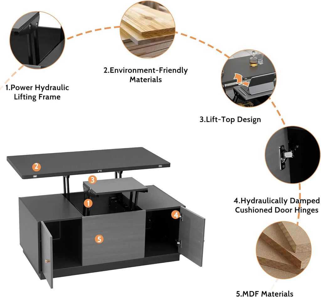 Dark Gray Lift Top Coffee Table with Storage Q5425