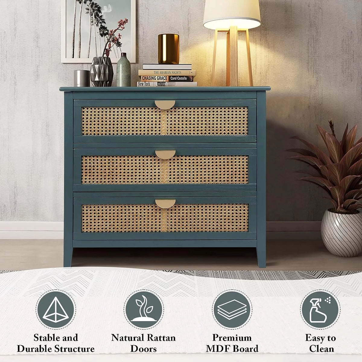 3 Drawer Rattan Dresser with Golden Metal Handles G895590
