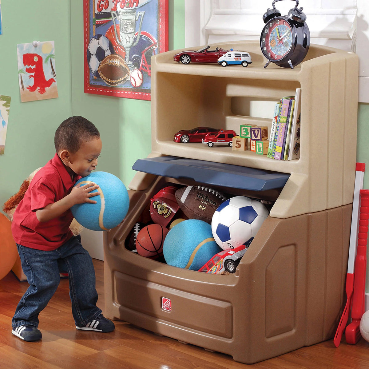 Brown and Blue Plastic Toddler Bookcase and Toy Box M780