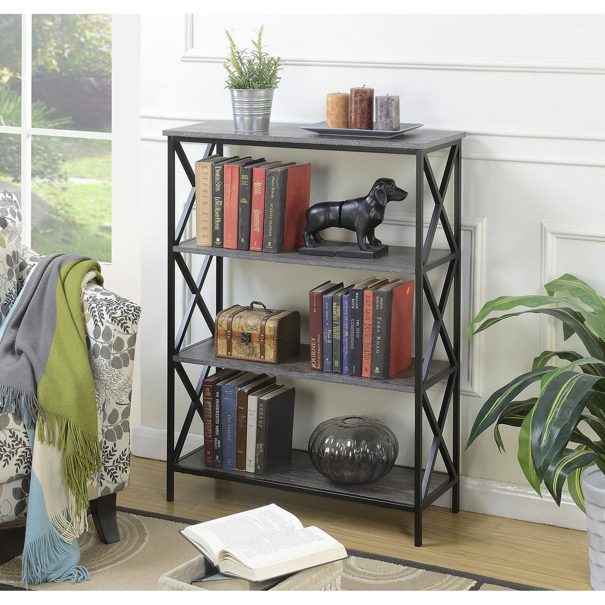 Metal and Wood 4-Shelf Bookcase Grey O6753