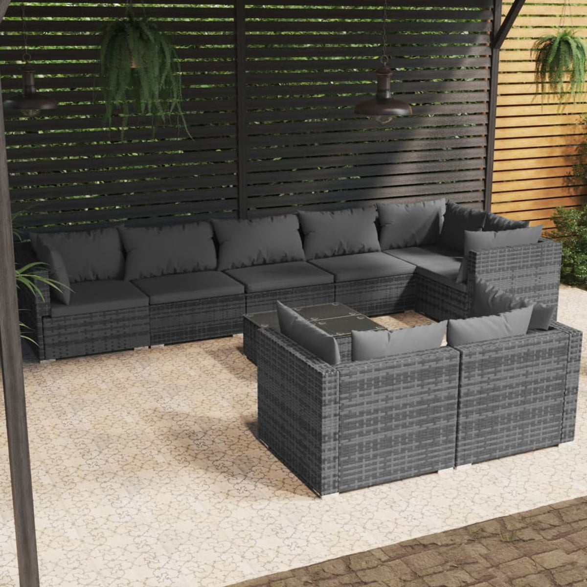 9 Piece Poly Rattan Outdoor Sectional Sofa Set with Anthracite Cushions Steel Frame D5336