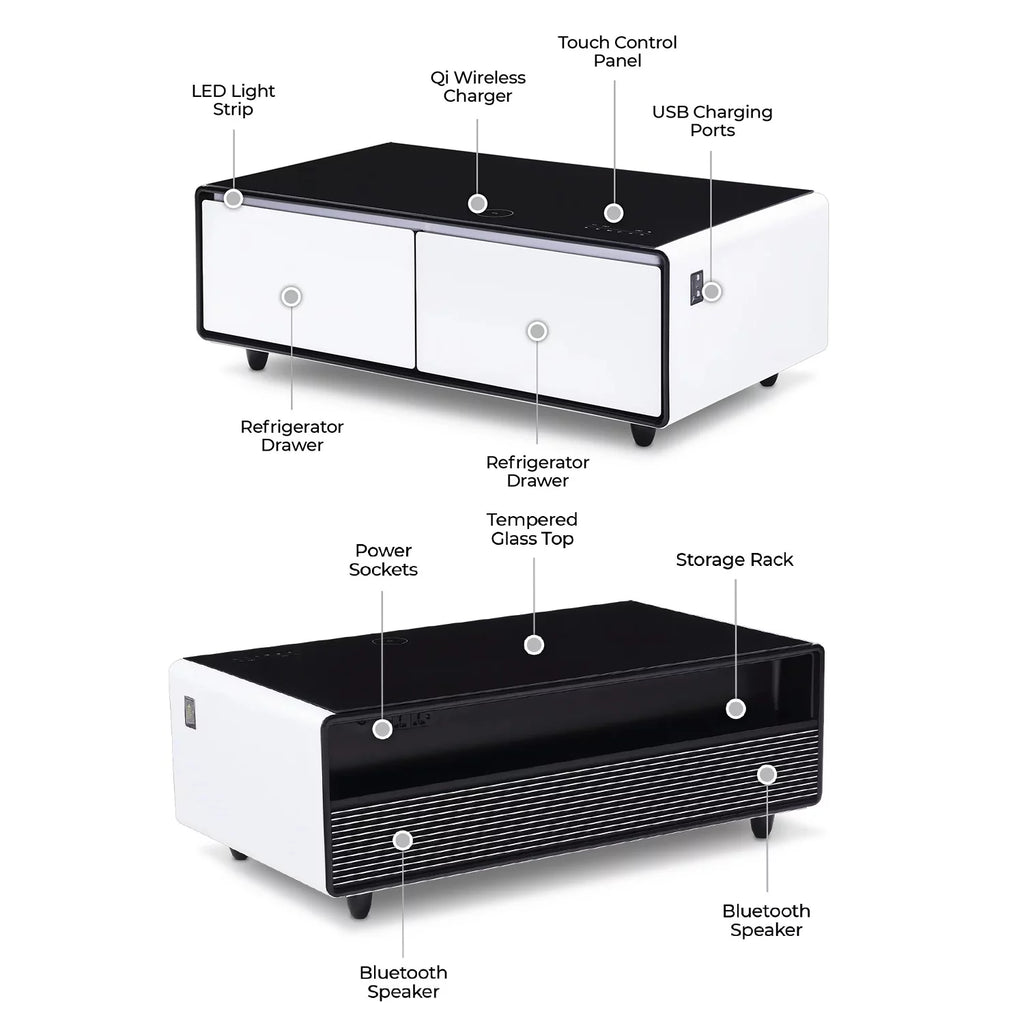 White Smart Coffee Table with Fridge and Bluetooth Speakers A428