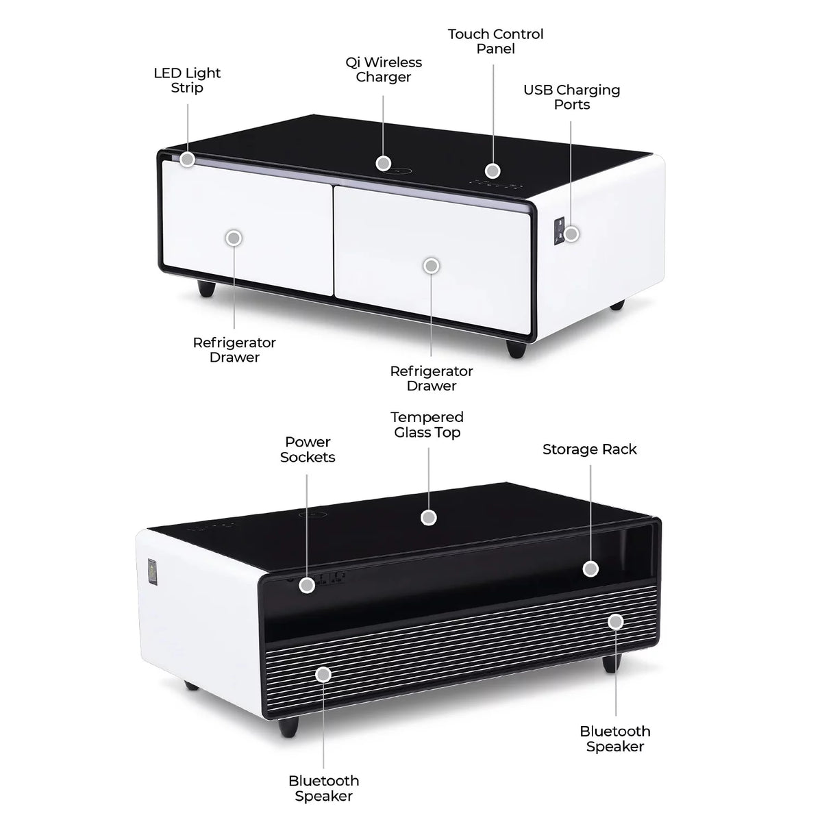 White Smart Coffee Table with Fridge and Bluetooth Speakers A428