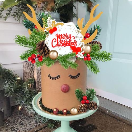 Christmas Cake Topper Deer Elk Cake Decorations with Pine Tree Pine Cones Golden Ball X7948
