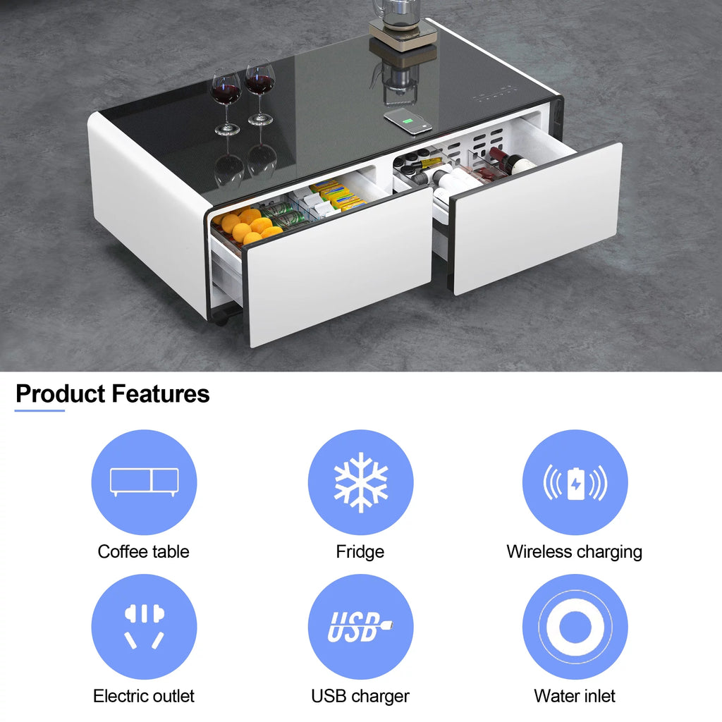 White Smart Coffee Table with Fridge and Bluetooth Speakers A428