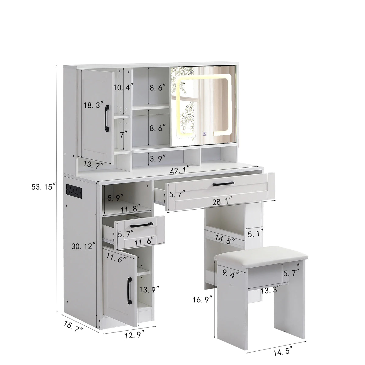 White Vanity Table with Lighted Mirror and Stool S5706